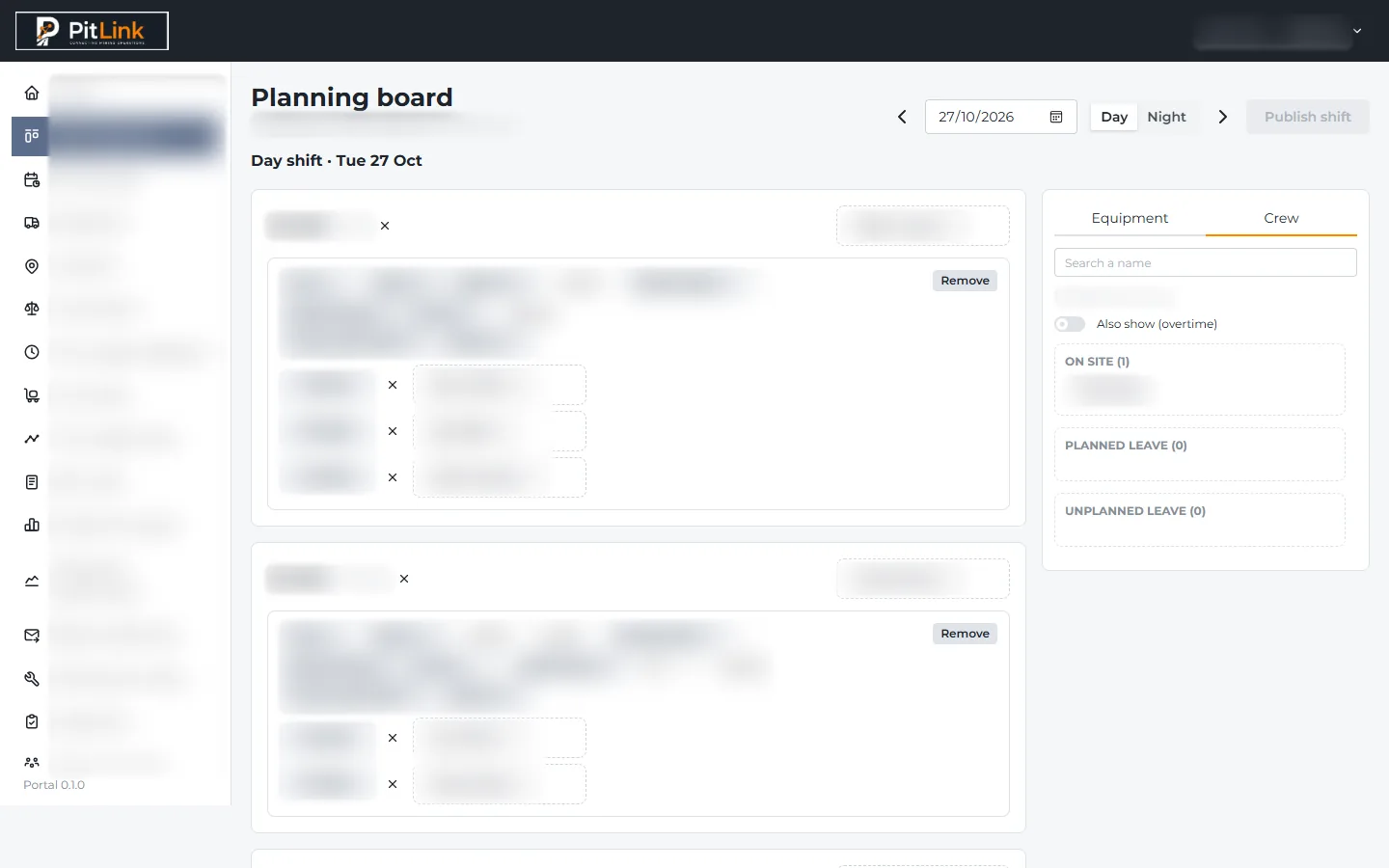 The PitLink planning board, with people assigned to equipment for the shift. Names and places are blurred.