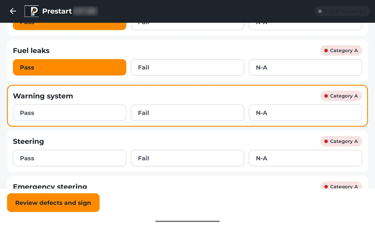 A pre-start checklist on the PitLink tablet, with each check marked pass, fail or not applicable.